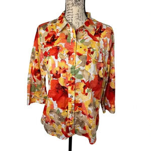Karen Scott,L,long sleeve collar button front  fall floral print pocketed top